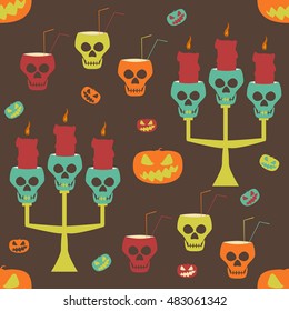 Halloween party seamless pattern. Evil pumpkins, human skulls as candlesticks and goblets with drinking straws. Crazy variegated vector illustration for festive design