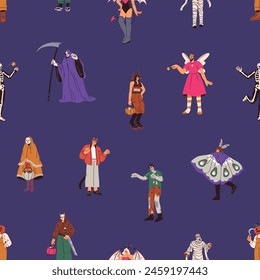 Halloween party, seamless pattern, print. People in spooky costumes, mummy, zombie at masquerade. Creepy October 31 holiday celebration. Endless flat graphic vector illustration for fabric, wrapping