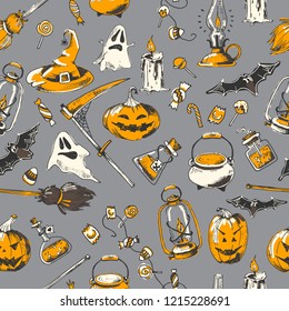 Halloween party seamless pattern, vector hand drawn element. Sketch design, isolated.