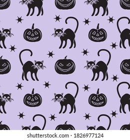 Halloween Party seamless pattern Vector illustration Jack O'Lantern, cat. Spooky pumpkin with smile, cat Happy Halloween Holiday concept Trick or treat festive background. Design for party card, print