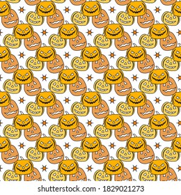 Halloween Party seamless pattern Vector illustration Jack O'Lantern. Spooky orange pumpkin with smile. Happy Halloween holiday cartoon character set. Trick or treat festive background Design for print