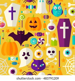 Halloween Party Seamless Pattern. Vector Illustration of Scary Holiday Flat Style Tile Background. Trick or Treat.
