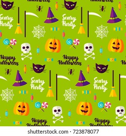 Halloween Party Seamless Pattern. Vector Illustration of Holiday Background. Trick or Treat.