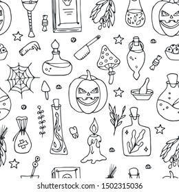 Halloween party seamless. Sketch vector pattern. Hand drawn witching background. Magic wallpaper.