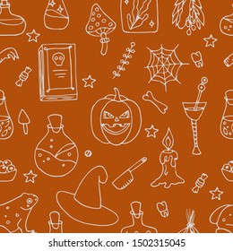 Halloween party seamless. Sketch vector pattern. Hand drawn magic background. Witching wallpaper.