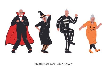 Fiesta de Halloween. Personas mayores con disfraces de Halloween están bailando y divirtiéndose. Ilustración del vector