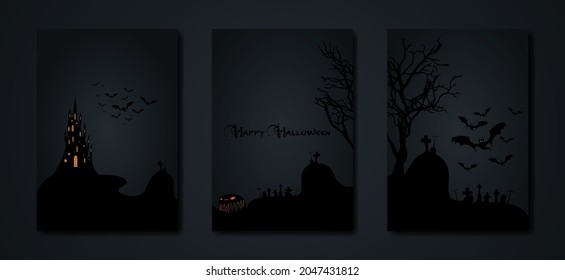 Halloween party, set cards spooky dark background, silhouettes of characters and scary bats with gothic haunted castle, horror theme concept, scary pumpkin and dark graveyard, vector templates