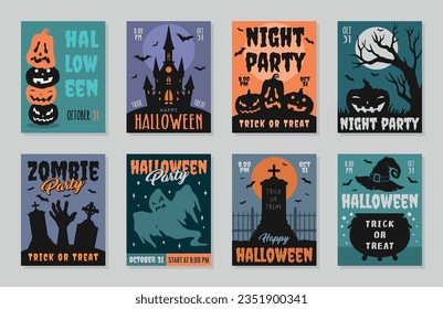 Halloween party set flyers colorful with graves and pumpkins or cemeteries to promote holiday events on october 31st vector illustration