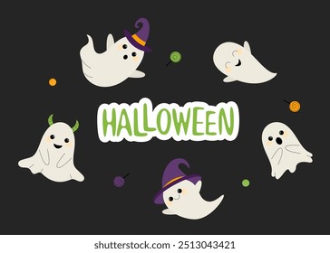 Halloween party set with ghosts and lettering. Cute spooks for design of card, invitation, flyer, poster, scrapbooking.