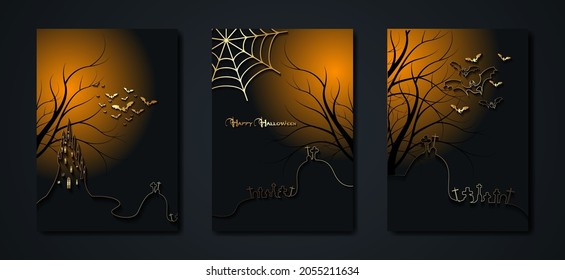 Halloween party, set gold cards spooky dark background, silhouettes of characters and scary bats with gothic haunted castle, horror theme concept, scary pumpkin and dark graveyard, vector templates