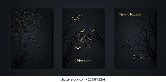 Halloween party, set gold cards spooky dark background, silhouettes of characters and scary bats with gothic haunted castle, horror theme concept, scary pumpkin and dark graveyard, vector templates