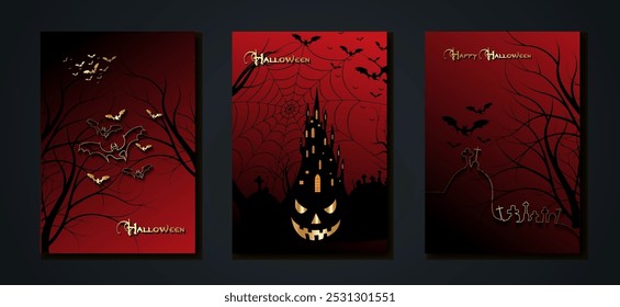 Fiesta de Halloween, conjunto de tarjetas de oro de fondo rojo oscuro espeluznante, siluetas de personajes y murciélagos de miedo, castillo encantado gótico, concepto de tema de terror, calabaza de miedo y cementerio oscuro, Plantillas de Vector