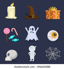 Halloween party set of icons: candle, hat, candy, mummy, skull.