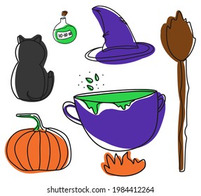 Halloween Party Set, halloween icons, witch cauldron, black cat, magic collection, pumpkin, witch hat, doodle and color spots, line art, white isolated background