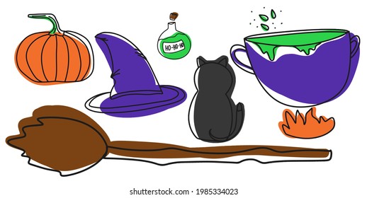 Halloween Party Set, halloween icons, witch cauldron, black cat, magic collection, pumpkin, witch hat, doodle and color spots, line art, white isolated background