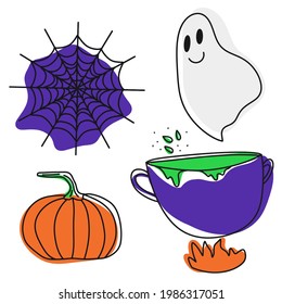 Halloween Party set, halloween icons, witch cauldron, magic collection, spider web, ghost, doodle and color spots, line art, White isolated Background