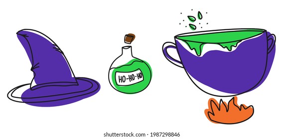 Halloween Party Set, halloween icons, witch cauldron, magic collection, witch hat, doodle and color spots, line art, white isolated background
