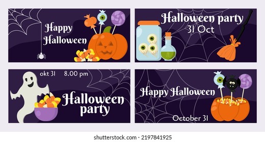 Halloween party set, idea for invitation, poster, banner, flyer or greeting card with themed attributes vector illustration