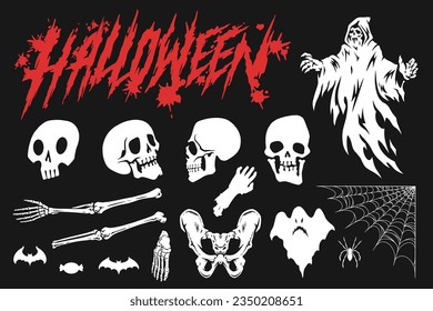 Halloween party set labels colorful with bloody inscription near skulls and bones of dead person and flying ghosts vector illustration