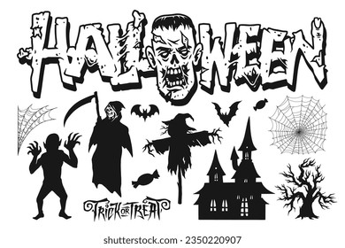 Halloween party set logotypes monochrome with frankenstein monster face and witch or zombie near death with scythe vector illustration