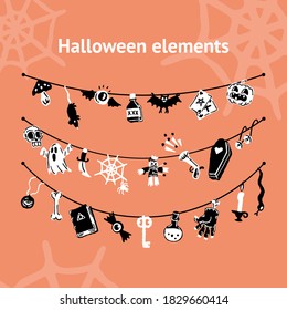 Halloween party set of magic elements. Magic hat, bat, skull, candle, pumpkin, magic ball, playing cards, ghost, snake, mushroom, poison,, knife, web, spider, eye, bone, magic book,, candle