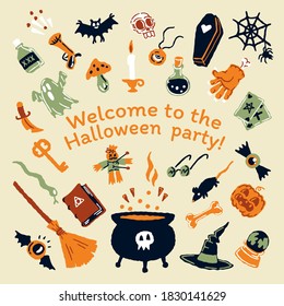 Halloween party set of magic elements. Magic hat, bat, skull, candle, pumpkin, magic ball, playing cards, ghost, snake, mushroom, poison,, knife, web, spider, eye, bone, magic book,, candle