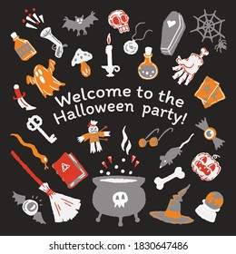 Halloween party set of magic elements. Magic hat, bat, skull, candle, pumpkin, magic ball, playing cards, ghost, snake, mushroom, poison,, knife, web, spider, eye, bone, magic book,, candle