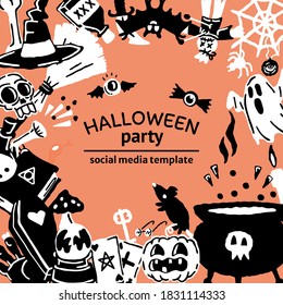 Halloween party set of magic elements. Magic hat, bat, skull, candle, pumpkin, magic ball, playing cards, ghost, snake, mushroom, poison,, knife, web, spider, eye, bone, magic book,, candle