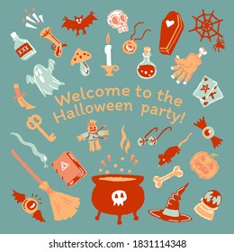 Halloween party set of magic elements. Magic hat, bat, skull, candle, pumpkin, magic ball, playing cards, ghost, snake, mushroom, poison,, knife, web, spider, eye, bone, magic book,, candle