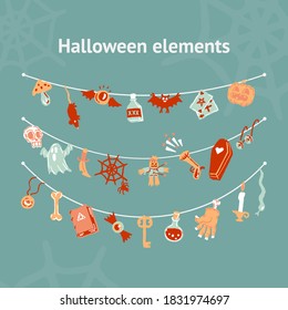 Halloween party set of magic elements. Magic hat, bat, skull, candle, pumpkin, magic ball, playing cards, ghost, snake, mushroom, poison,, knife, web, spider, eye, bone, magic book,, candle