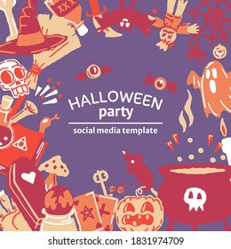 Halloween party set of magic elements. Magic hat, bat, skull, candle, pumpkin, magic ball, playing cards, ghost, snake, mushroom, poison,, knife, web, spider, eye, bone, magic book,, candle