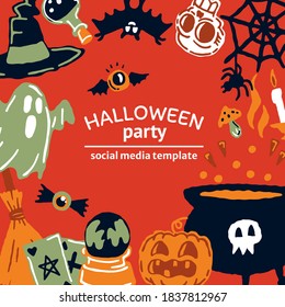 Halloween party set of magic elements, social media template. Magic hat, bat, skull, candle, pumpkin, playing cards, ghost, snake, mushroom, poison,, knife, web, spider, eye, bone, magic book, candle