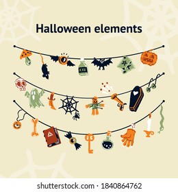 Halloween Party Set of Magic elements. Magic hat, bat, skull, candle, pumpkin, magic ball, playing cards, ghost, snake, mushroom, poison, knife, web, spider, bone, magic book, candle. Simple items