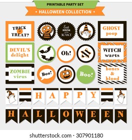 Halloween party set,  printable vector cards, banners, stickers with cartoon funny pumpkin, ghosts, vampire bats, bones, stars and words (trick or treat, happy halloween, etc.)