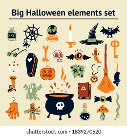 Halloween Party set Spell elements  Magic hat  bat  skull  candle  pumpkin  magic ball  playing cards  ghost  snake  mushroom  poison   knife  web  spider  eye  magic book   candle