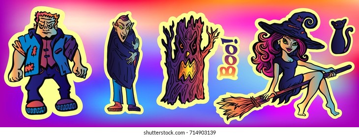 Halloween party set with sticker Characters in comics style.Back to school young trendy style. Vampire, Witch on Broomstick, skull, evil tree, black cat