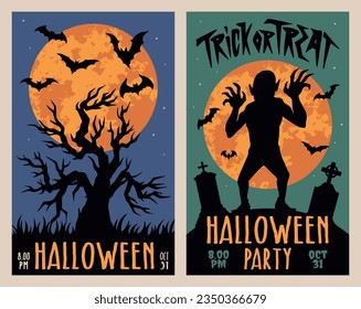 Halloween party set stickers colorful with silhouette of scary zombie and grave stones or tree with bats vector illustration