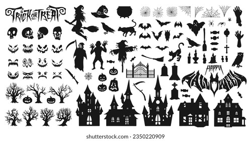 Halloween party set stickers monochrome with scary faces and monsters near castles and trees or cemetery headstones vector illustration