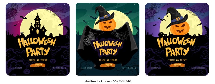 Halloween party, set of three bright banners. Vector banner design.Helloween