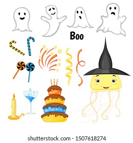 Halloween party set with traditional attributes on white background. Cartoon style. Vector