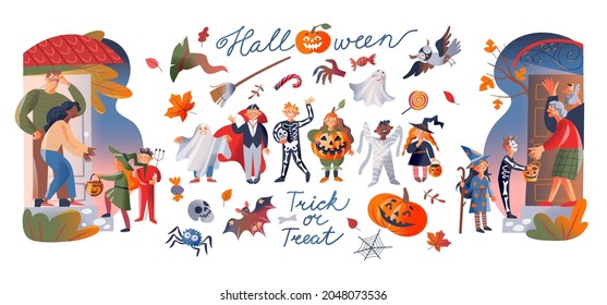 Halloween party set vector illustration. Cartoon scary night ghost, spooky zombie, witch in hat or vampire characters and pumpkin, magic cute monster halloween decoration collection isolated on white