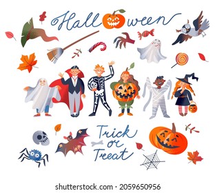 Halloween party set vector illustration. Cartoon scary night ghost, spooky zombie, witch in hat or vampire characters and pumpkin, magic cute monster halloween decoration collection isolated on white
