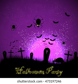 Halloween party with shine moon. Invitation card to Halloween vector background. The inhabitants of the cemetery on the background of the moon