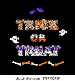 cartel de la fiesta de halloween, "truco o trato" hecho a mano con fantasmas, murciélagos y huesos. frases con letras, escritura vectorial espeluznante y colorida sobre fondo negro, naranja y púrpura