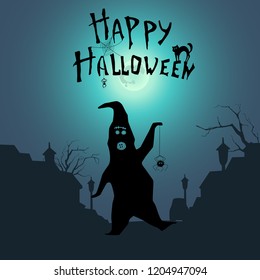 Halloween party. Silhouette of a Bogeyman against the background of a city street. Vector illustration