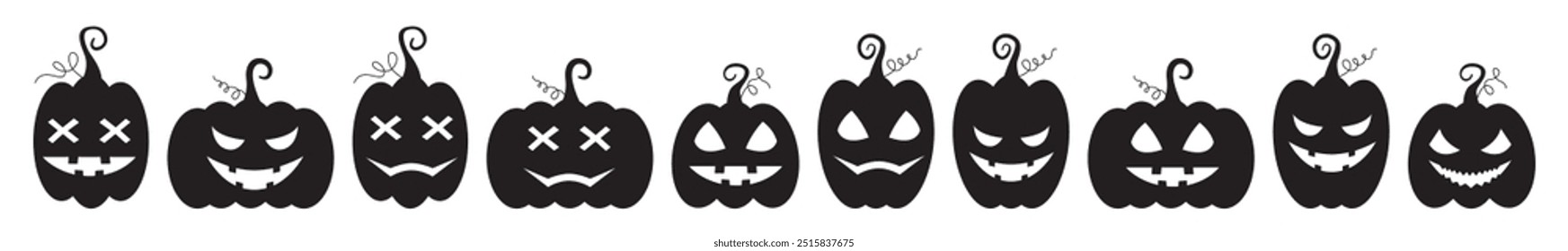 Halloween party silhouette decoration garland with bats, pumpkins, witch hat. Cute Jack O Lantern Evil Pumpkin Garland for Halloween. Simple banner hanging party classy decor vector element.
