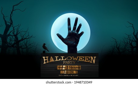 Halloween party - silhouettes Dark hand on the full moon background. Vector design poster illustration,vector illustration.