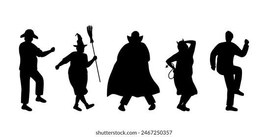 Halloween Party. Silhouettes of People in Halloween Costumes. People dance. People Silhouettes. Black on White. Vector illustration