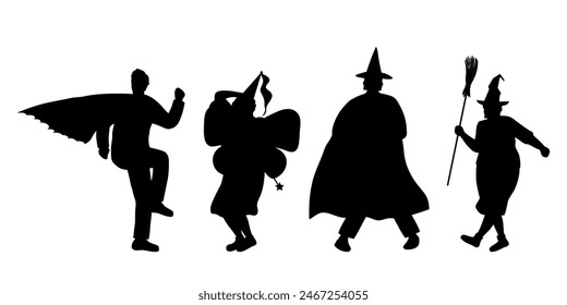 Halloween Party. Silhouettes of People in Halloween Costumes. People dance. People Silhouettes. Black on White. Vector illustration