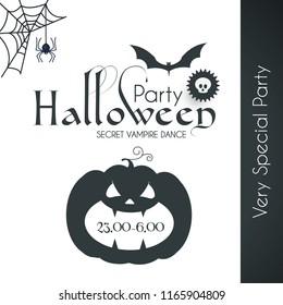 Halloween Party Silhuette Design Template with Pumpkin, Cobweb, Spider and Bat. Vector illustration